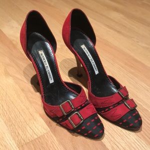 Manolo Blahnik suede and satin heels with buckles